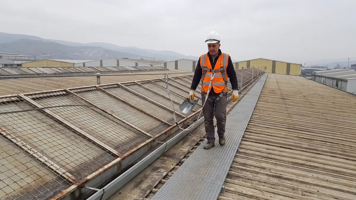 Işıklık panelleri ızgarayla korunan fabrika çatısında yaşam hattına bağlı yürüyen bakım çalışanı
