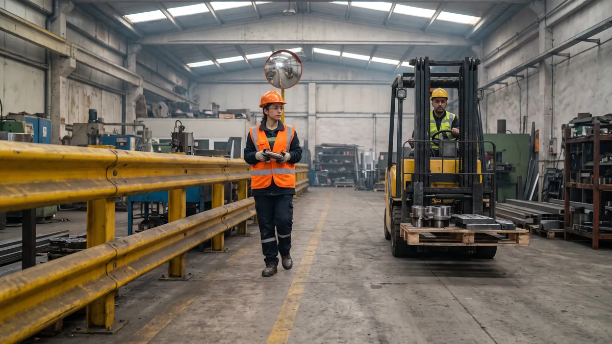 Sarı çelik bariyerle ayrılmış yaya yolunda yürüyen çalışan ve yanındaki şeritte palet taşıyan forklift