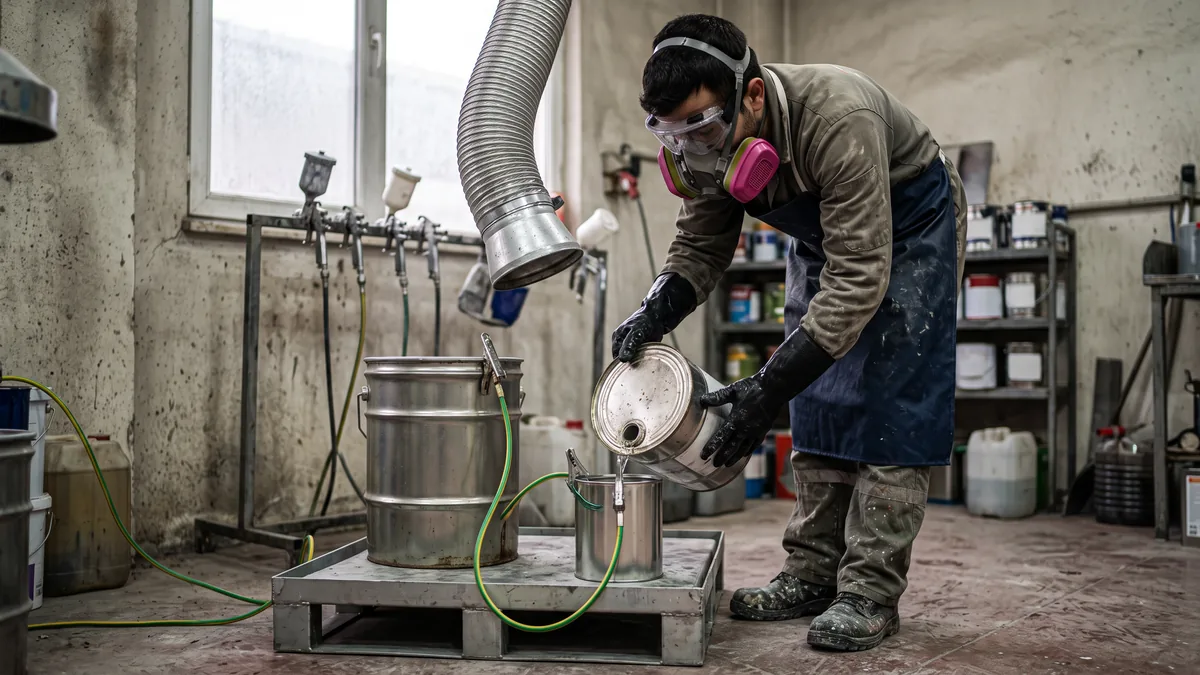 Lokal emiş başlığı altında solvent aktarırken uzun kimyasal eldiven, gözlük ve filtreli yarım yüz maskesi takan çalışan