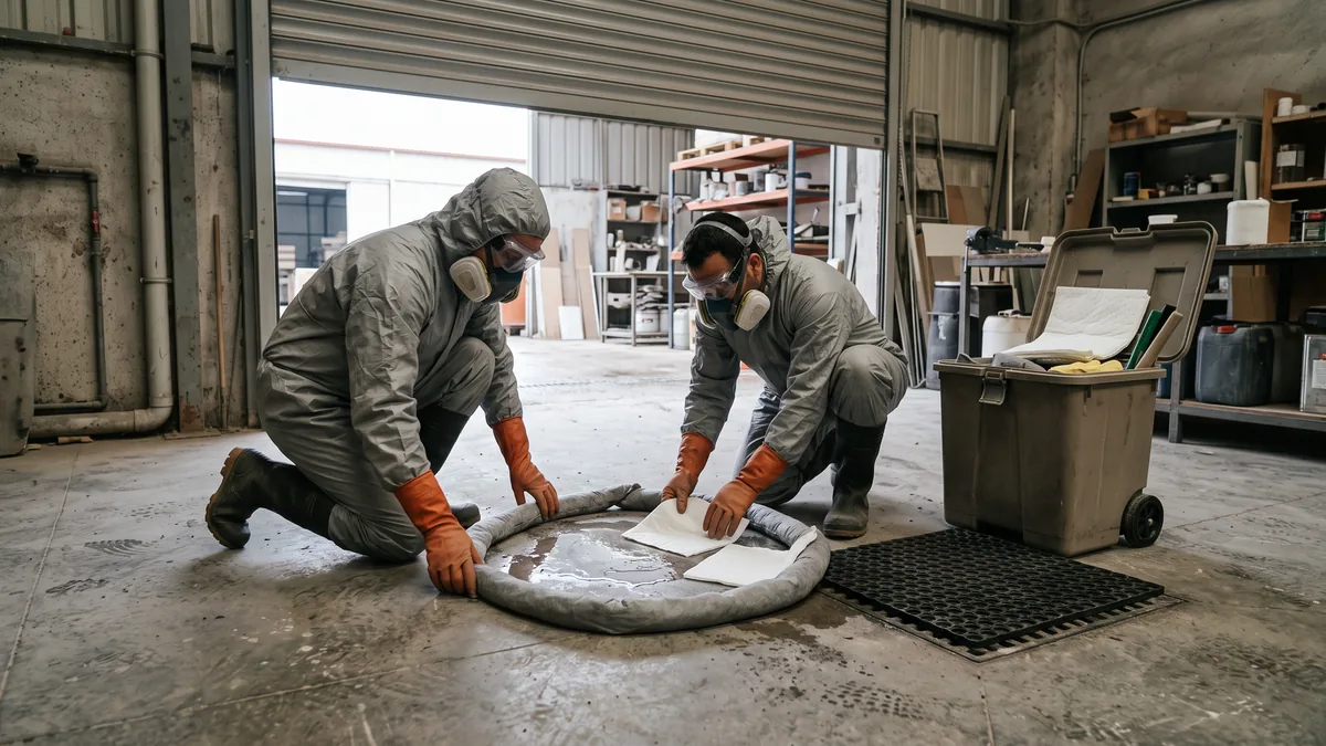 Beton zemindeki solvent döküntüsünü emici bariyerle çeviren, kimyasal tulum ve maske takan iki acil müdahale ekibi üyesi