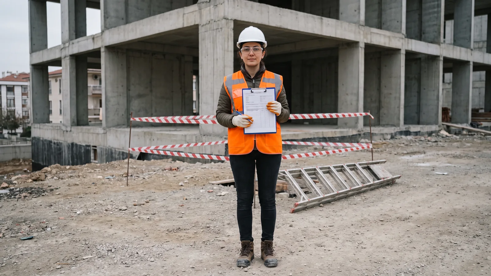 İş güvenliği uzmanı, şantiyede şeritle çevrilmiş kaza alanının önünde elindeki panoda iş kazası tutanağını dolduruyor