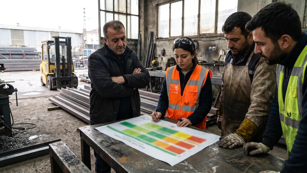 İşveren, iş güvenliği uzmanı, çalışan temsilcisi ve forklift operatörü tezgâh başında renk kodlu tabloyu inceliyor