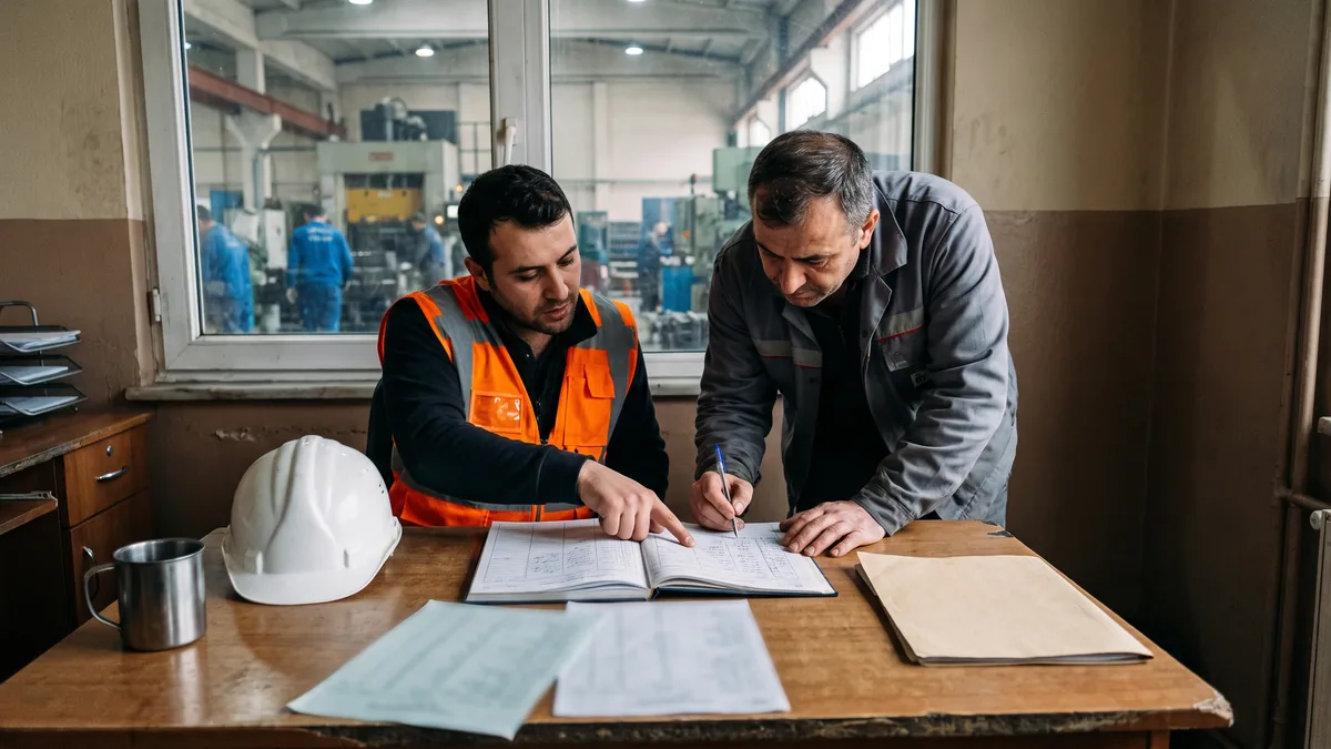 İş güvenliği uzmanı kaydı gösterirken fabrika müdürü ofis masasında onaylı defterin sayfasını kalemle imzalıyor